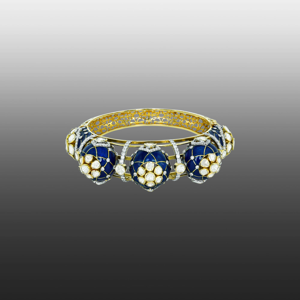 Dome Polki Bangle with Deep Blue Enamel and Lattice Sides